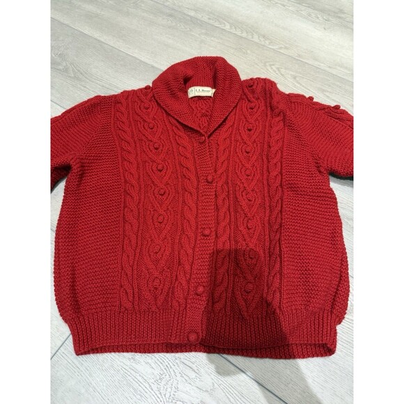 Vintage LL Bean Cardigan Cable Knit Sweater Wool Fisherman |. Red | Size 42 - L - Picture 3 of 14